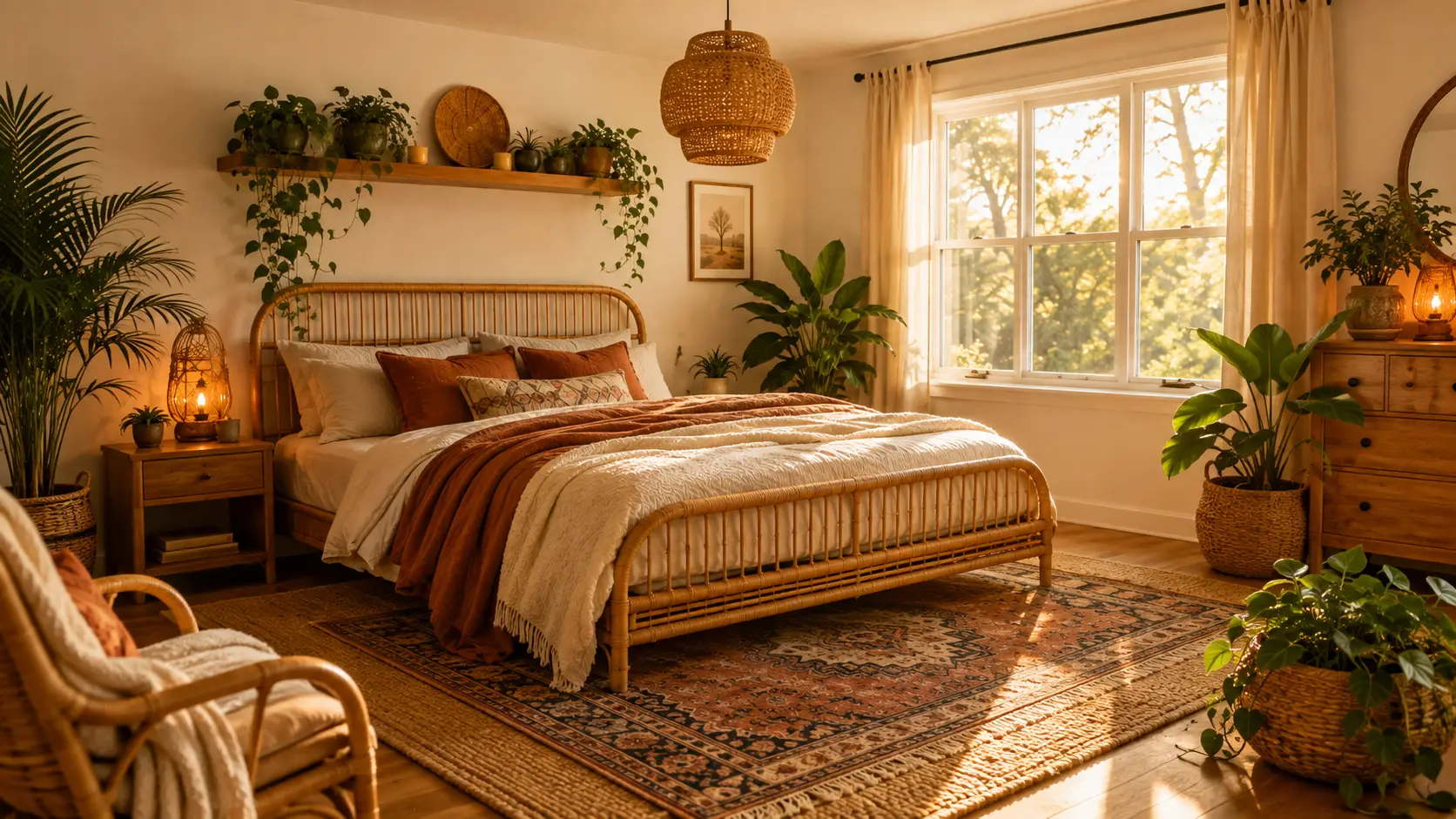 realistic Pinterest style photo of a warm, collected boho bedroom