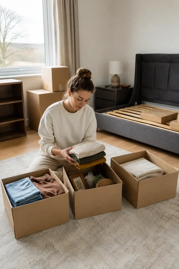 woman sorting folded clothes and small decor items