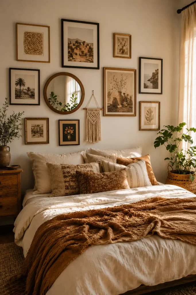 Gallery Wall of Mismatched Frames inside bedroom