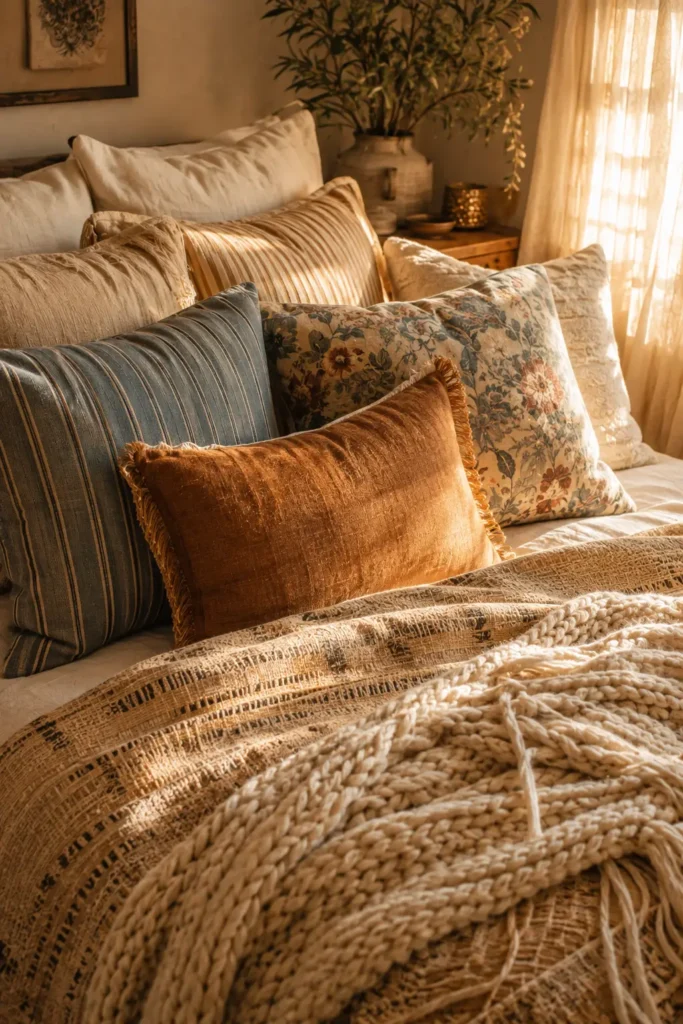 Mismatched Pillow and Throw Prints in bedroom