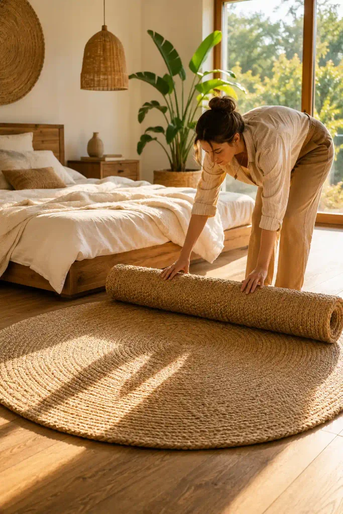 Layer a Natural Fiber Rug Under the Bed