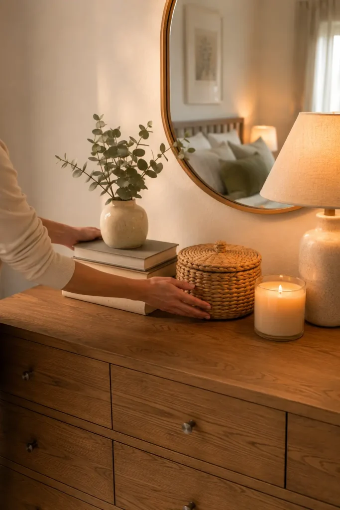 photo of a hand arranging a small grouping of three objects, a stack of books, a woven basket, and a candle, on top of a wooden dresser