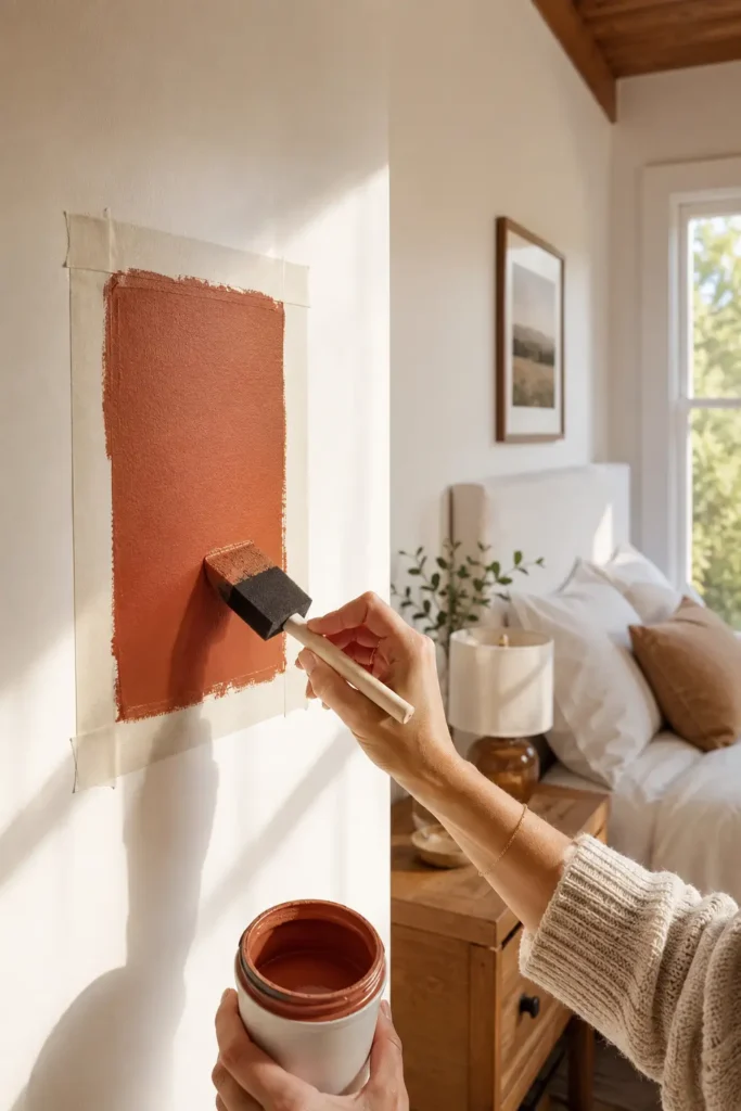 photo of a hand painting a rectangular terracotta-colored paint swatch onto a bedroom wall with a small foam brush, in a bright bedroom with painter's tape