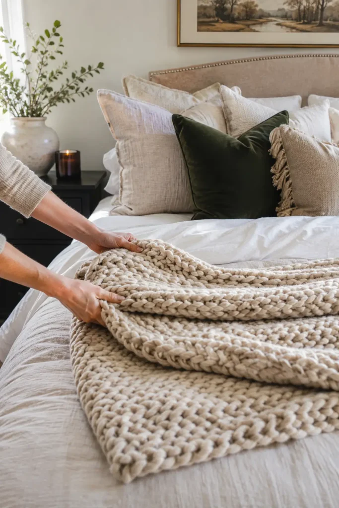 hand folding a chunky knit throw blanket across the foot of a neatly made bed with layered pillows in linen and velvet textures