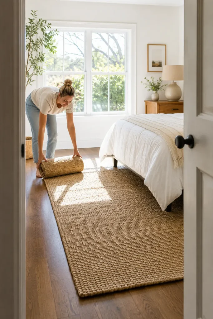 person unrolling a jute area rug across a wooden bedroom floor beside a bed, in a sunlit bedroom viewed from the doorway