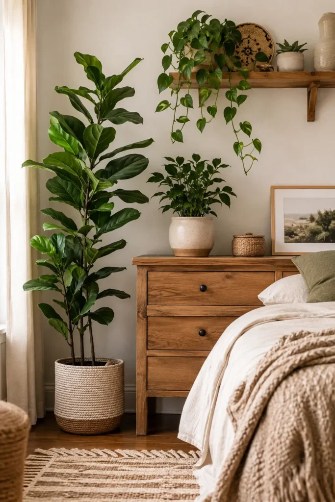 lifestyle stock photo representing the theme of layering plants at different heights in a bedroom. The scene features a tall leafy plant in a floor planter